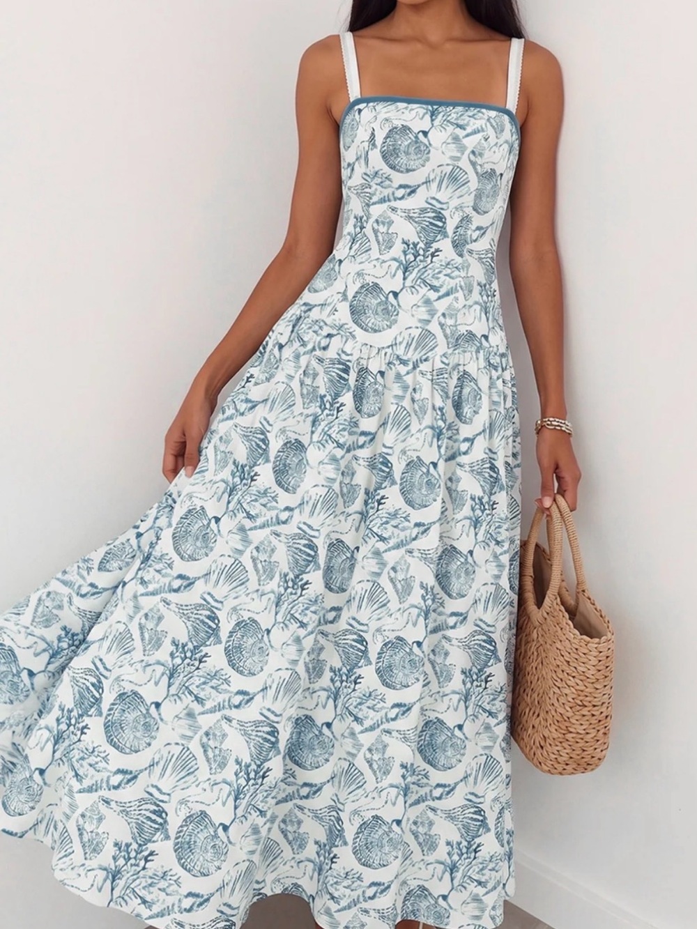 Commense White Maxi Dress with Blue Shell Print and Spaghetti Straps